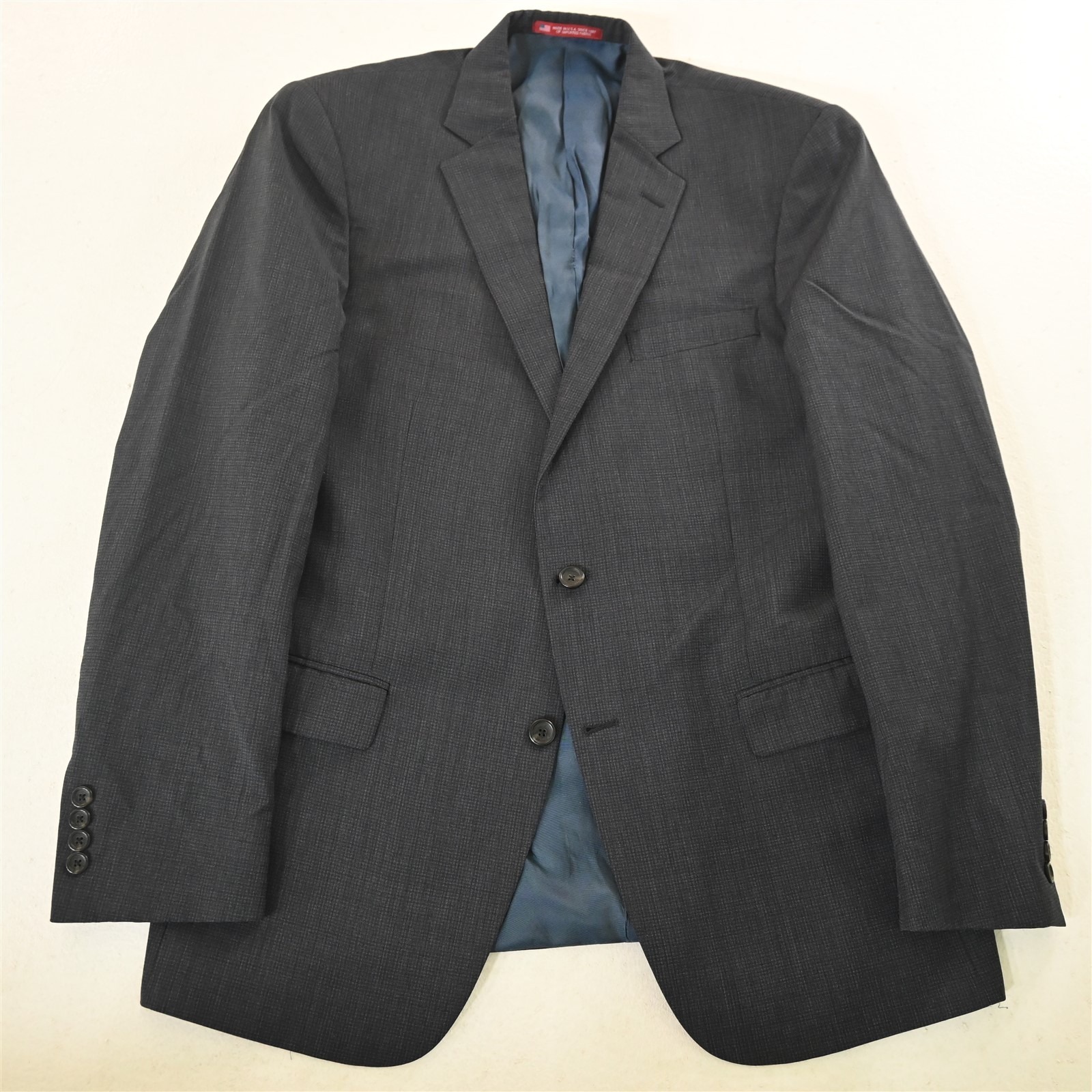 Hart Schaffner Marx 44l Navy Blue Check 100% Wool Blazer Suit Jacket Sport Coat